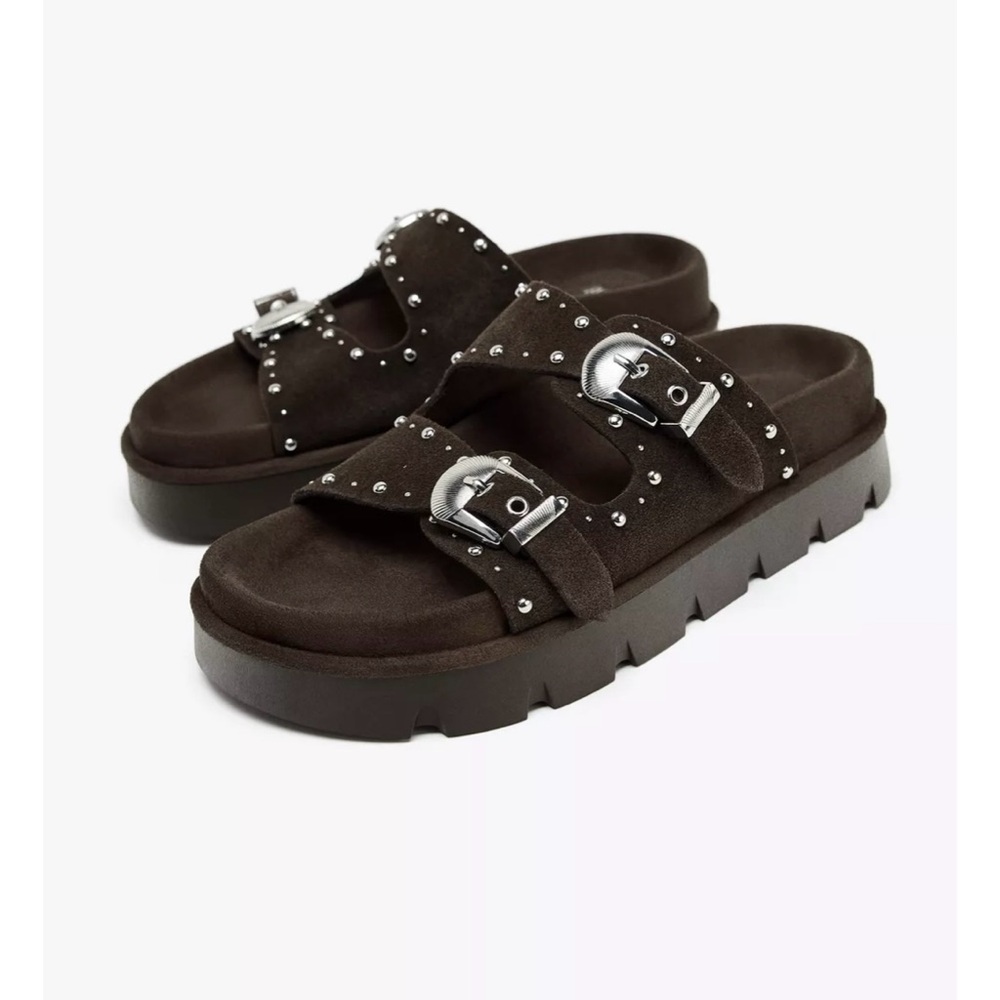 Zara Dark Brown Studded Sandals with Buckles. Worn once. Like NEW. EUC. Size 10